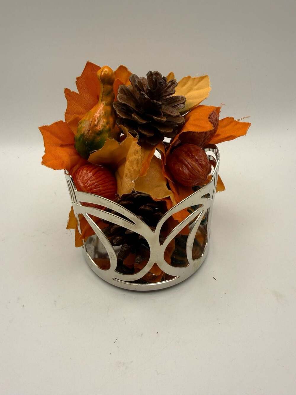 Autumn Fall Pumpkins Pine Cones Candle Ring And Glass Votive Holder